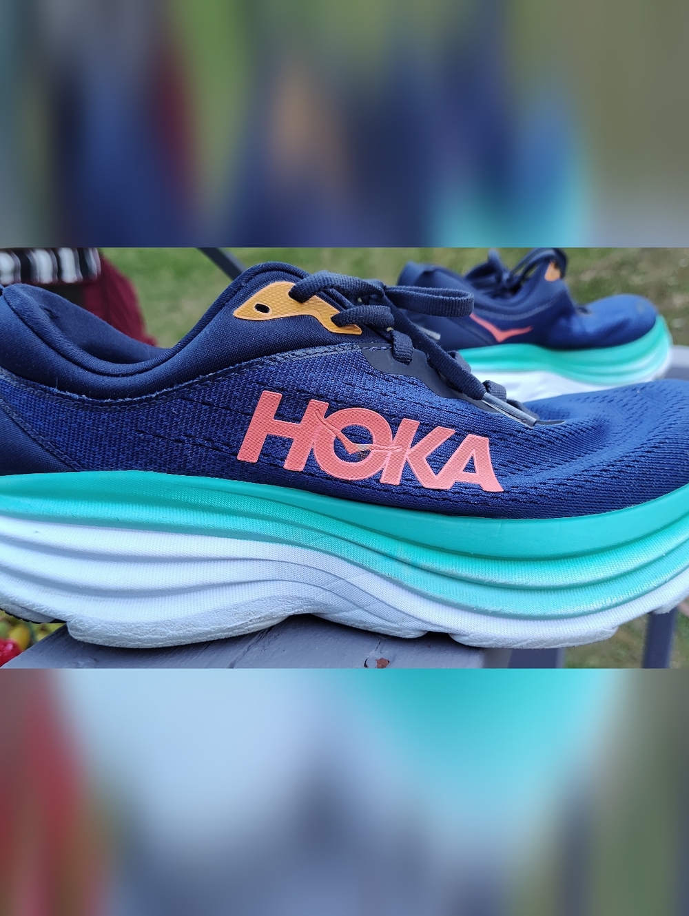Hoka Women's Navy Blue Running Shoes with Teal and Coral Accents